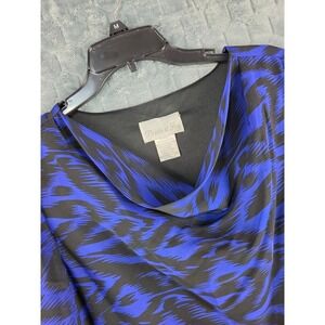 Pride & Joy Blue Black Abstract Animal Print Cowl Neck Chiffon Blouse 14W 283W